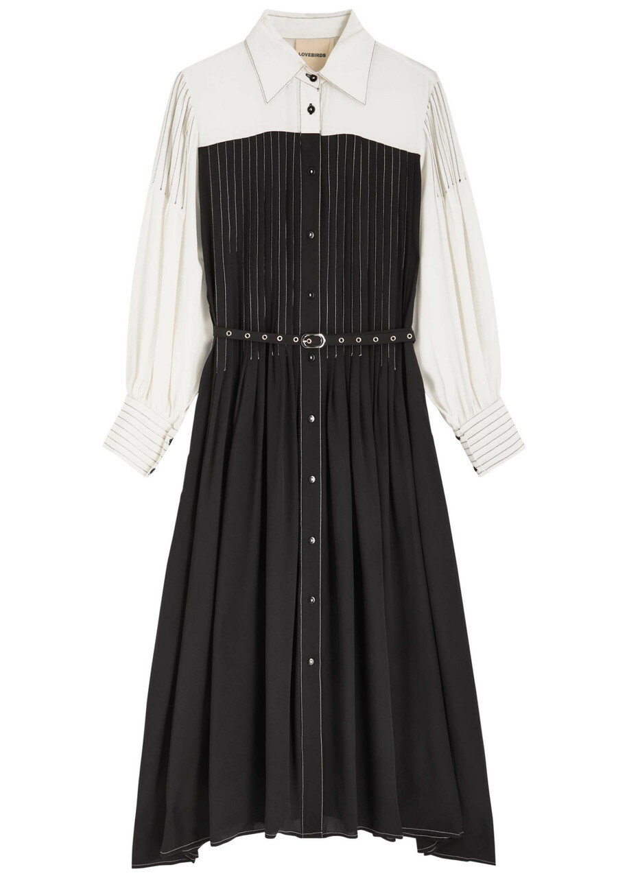 Lovebirds Zen Pleated Silk Midi Dress Black And White