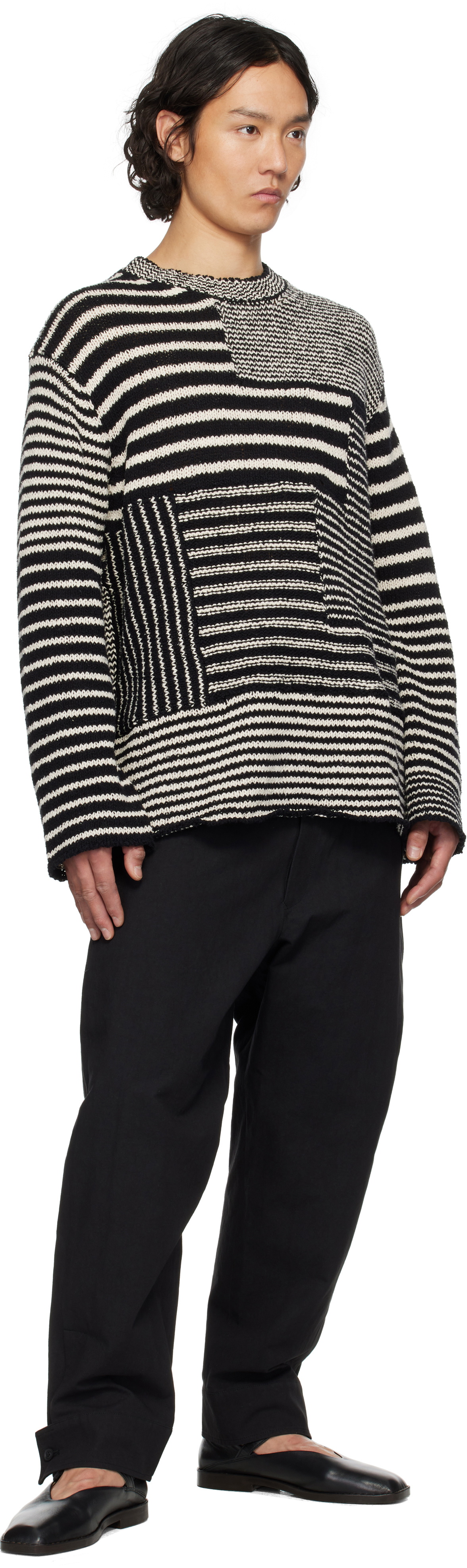 YOHJI YAMAMOTO Black & Off-White 3G1P Border Round Neck Knit Sweater