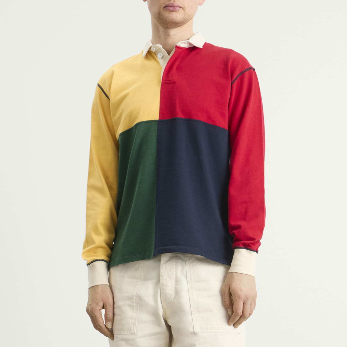 Drake's Men's Colourblock Panel Rugby in Red/Yellow/Blue/Grn Drake's