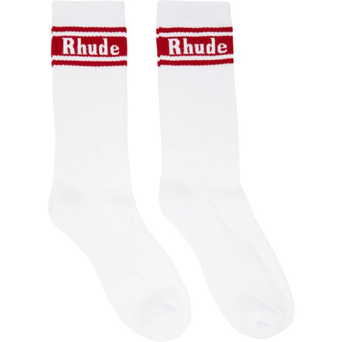 Photo: Rhude White and Red Stripe Logo Socks