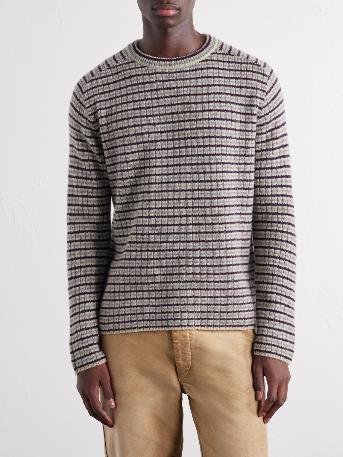 Auralee - Striped Ribbed Wool and Cashmere-Blend Sweater - Purple