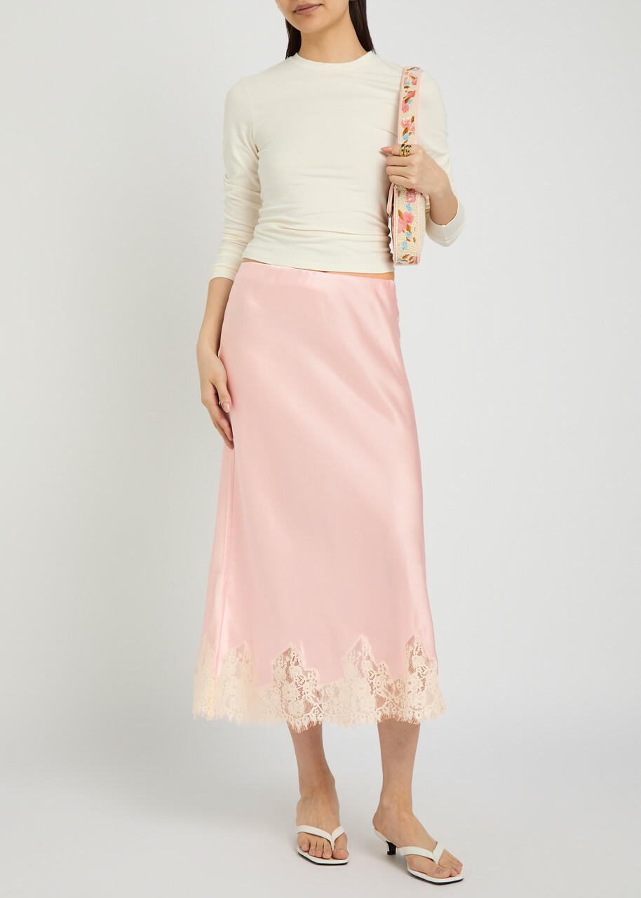 Reformation Carolina Lace-trim Silk Skirt Light Pink