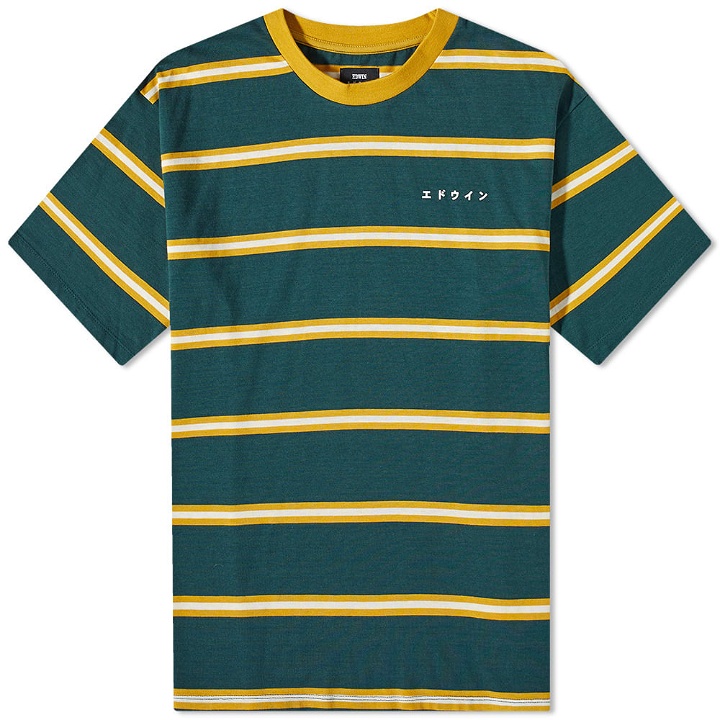 Photo: Edwin Men's Quarter Stripe T-Shirt in Pine Grove/Golden Yellow