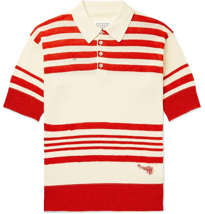 Photo: MAISON MARGIELA - Embroidered Striped Knitted Polo Shirt - Neutrals