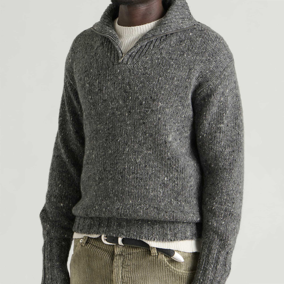 Auralee Men's Homespun Tweed Knit Zip Jumper in Grey