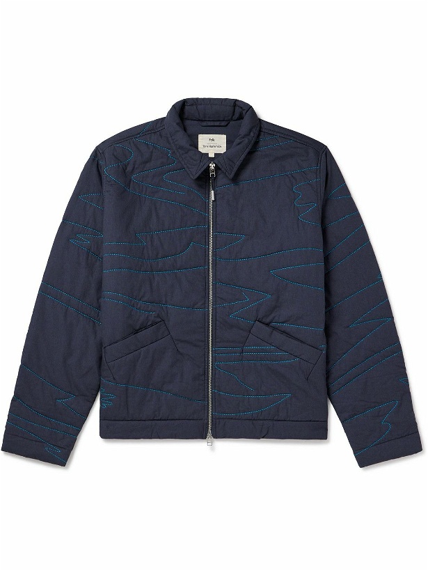Photo: Folk - Quilted Embroidered Padded Cotton Blouson Jacket - Blue