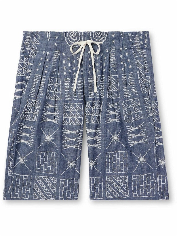 Photo: Monitaly - Wide-Leg Pleated Embroidered Cotton-Chambray Drawstring Shorts - Blue