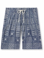 Monitaly - Wide-Leg Pleated Embroidered Cotton-Chambray Drawstring Shorts - Blue