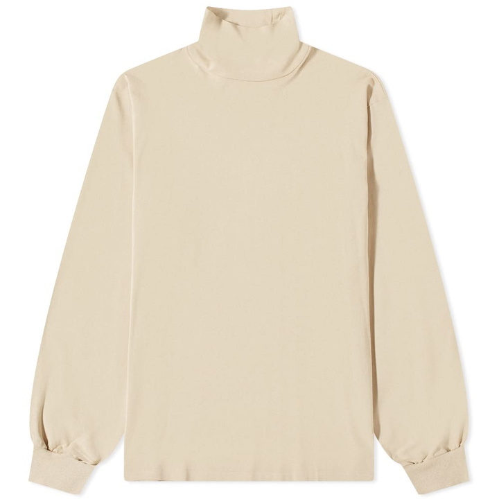 Photo: Auralee Men's Long Sleeve Luster Plaiting Mock Neck T-Shirt in Beige