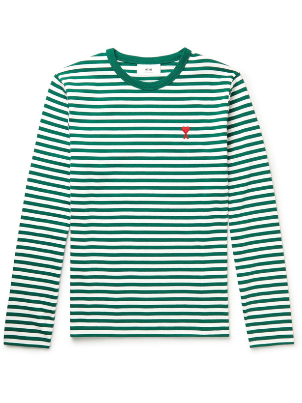 Photo: AMI PARIS - Logo-Embroidered Striped Organic Cotton-Jersey T-Shirt - Green