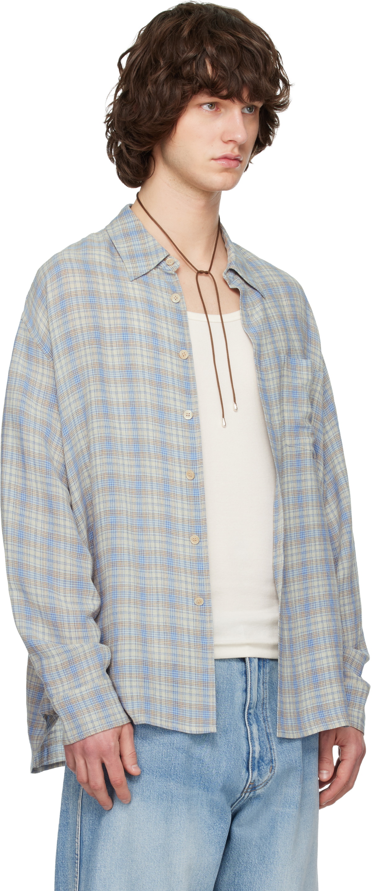 Solid Homme Blue Viscose Linen Check Shirt