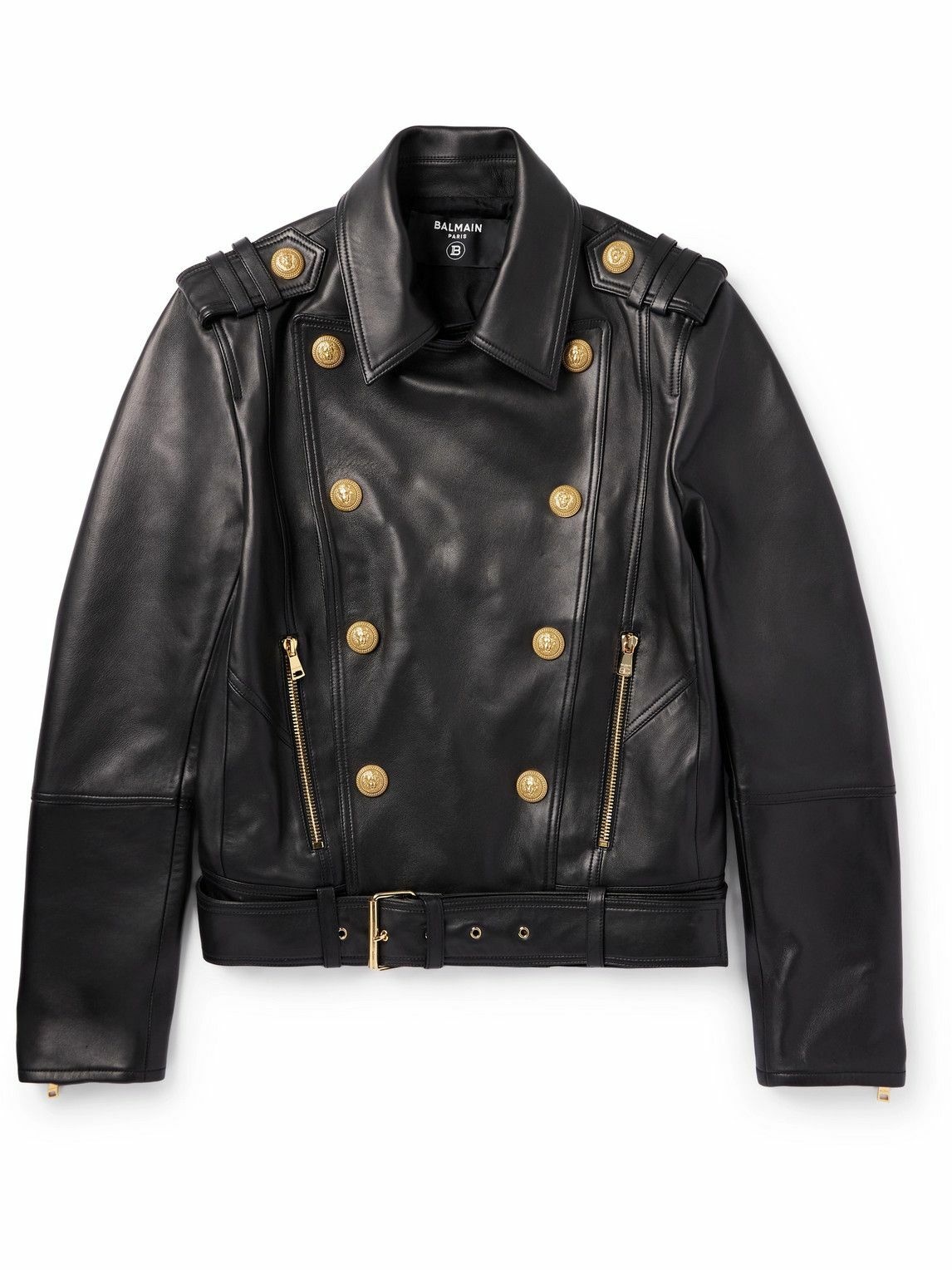 Photo: Balmain - Double-Breasted Leather Biker Jacket - Black