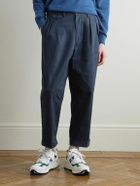 Beams Plus - 2 Pleats Tapered Cropped Pleated Cotton-Blend Twill Trousers - Blue