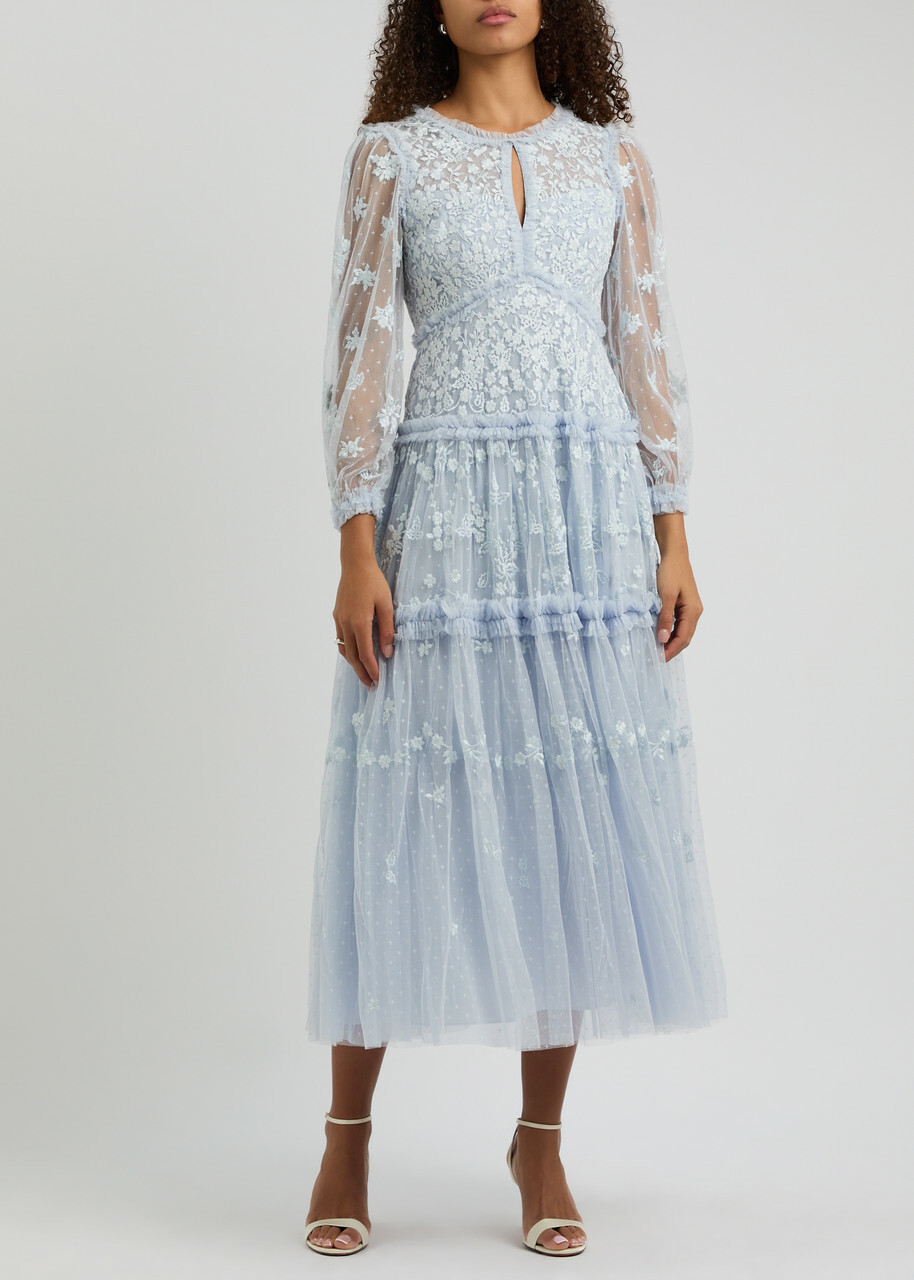 needle and thread blue dress Mac Duggal - Blue Floral Long Sleeve Micro Ruffle Mini Dress main image 1