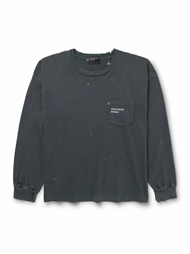 Photo: Enfants Riches Déprimés - Distressed Paint-Splattered Logo-Print Cotton-Jersey T-Shirt - Black