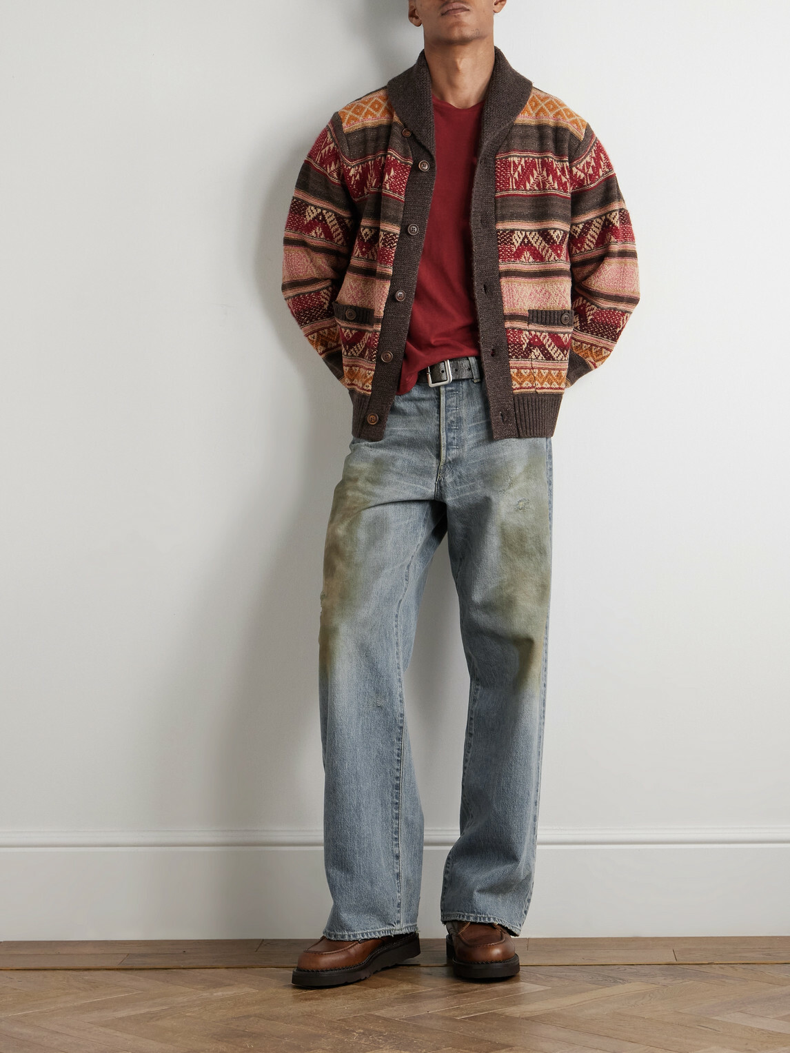 RRL - Shawl-Collar Wool, Linen and Silk-Blend Jacquard Cardigan - Brown