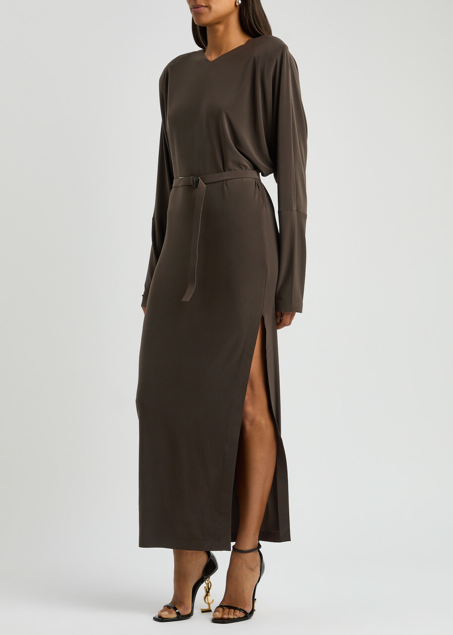 Norma Kamali Belted Stretch-jersey Maxi Dress Dark Brown
