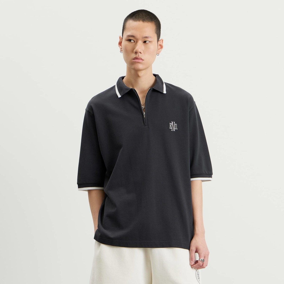 END. Piquet Polo in Cinder Black/Off White