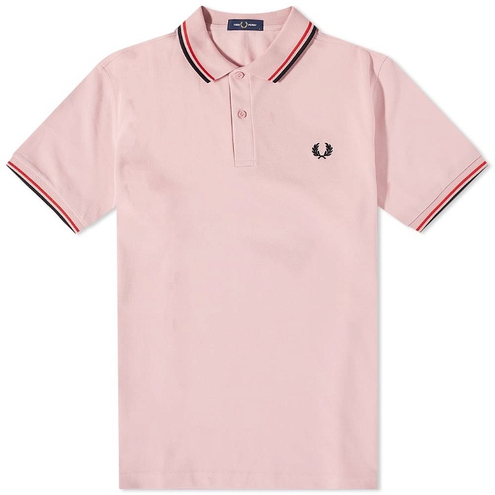 Photo: Fred Perry Men's Slim Fit Twin Tipped Polo Shirt in Chalk Pink/Washed Red/Blue