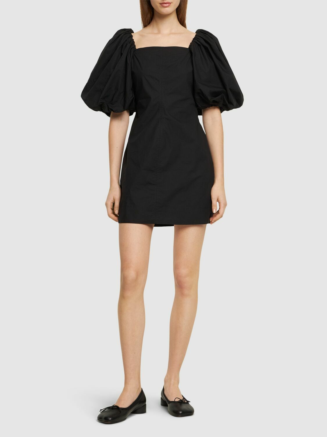 ganni puff sleeve mini dress Ganni Tie-Front Puff-Sleeve Poplin Mini Dress