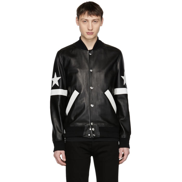 Photo: Givenchy Black Leather Star and Stripe Bomber Jacket 