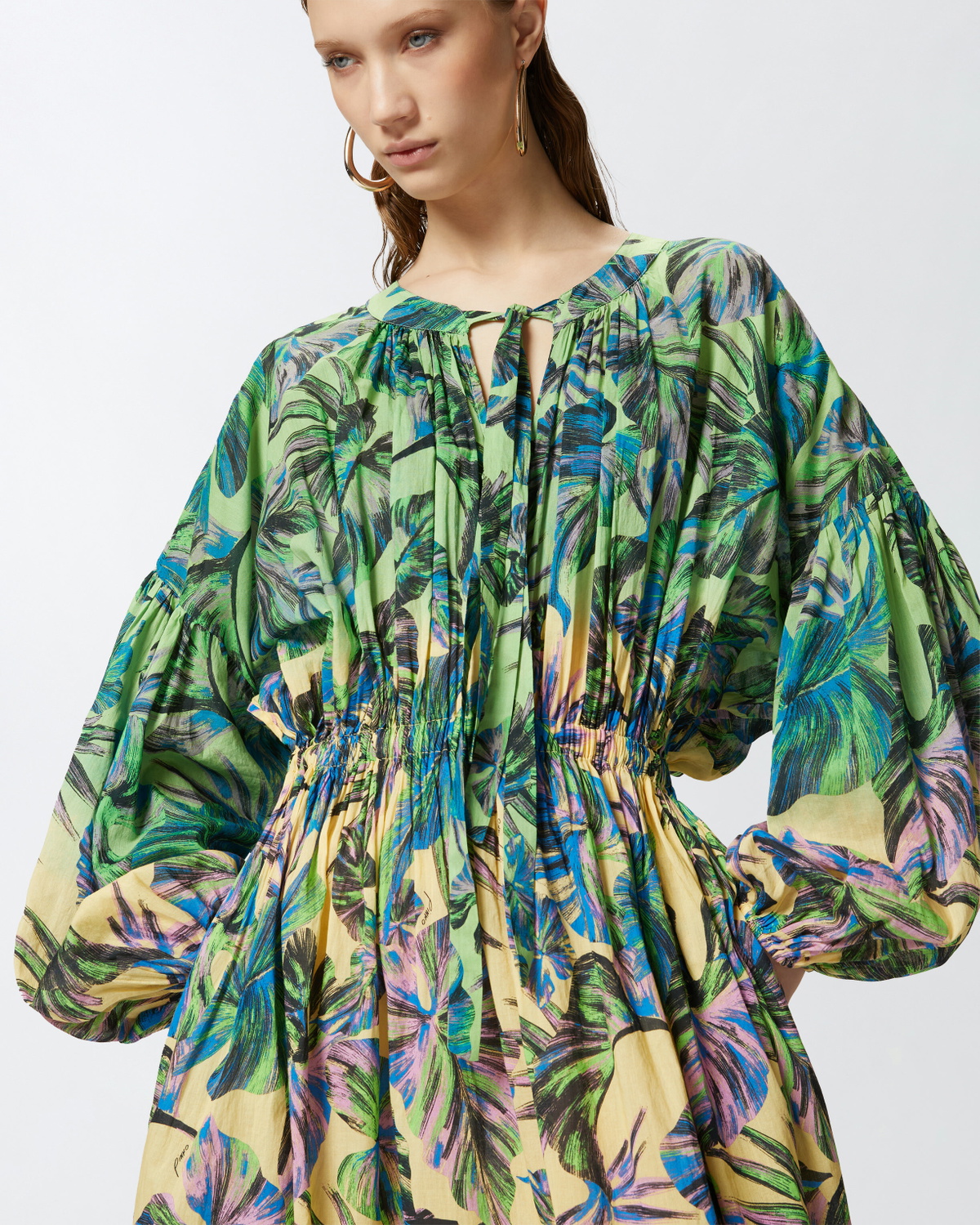 Pinko Wide Midi Dress With Tropical Leaf Motif Multi. Yellow/Pink