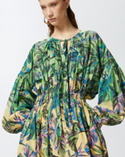 Pinko Wide Midi Dress With Tropical Leaf Motif Multi. Yellow/Pink
