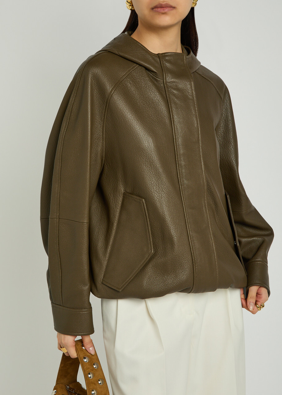 Nour Hammour Hooded Grained Leather Jacket Dark Green