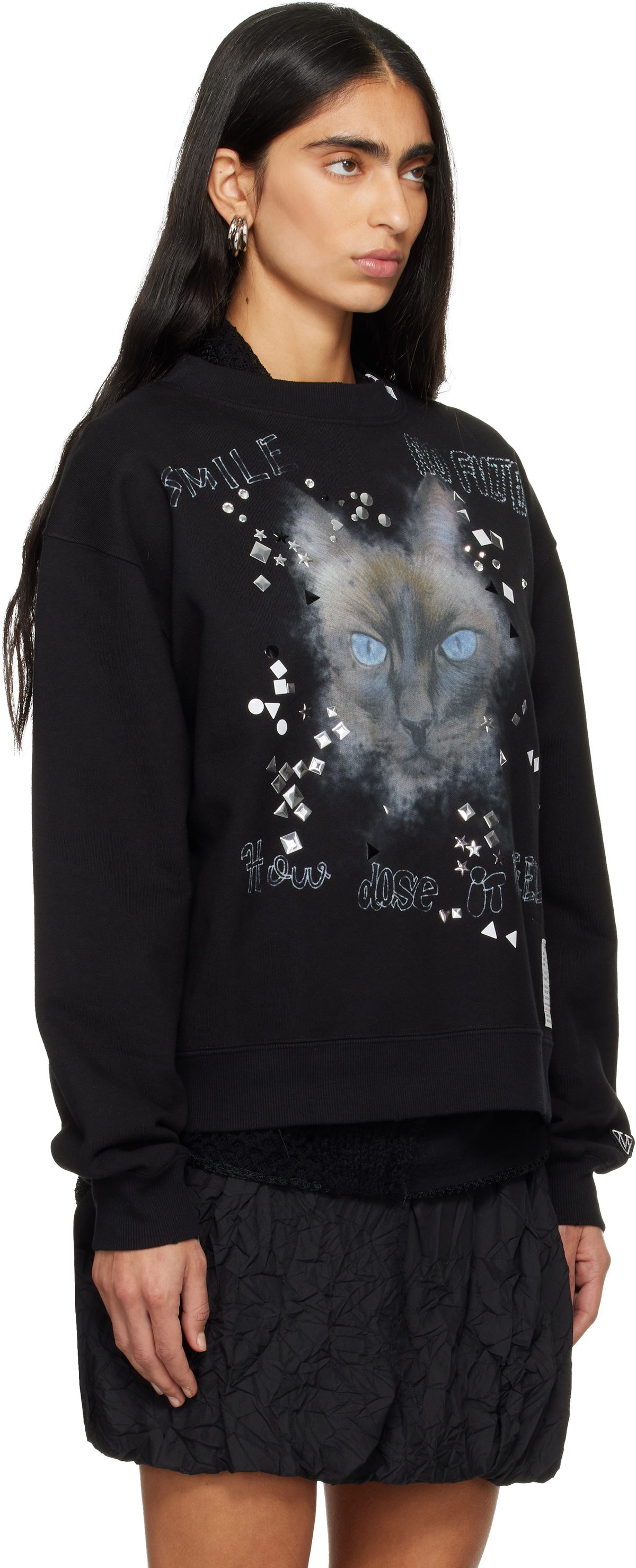 Maison MIHARA YASUHIRO Black Cat Printed Embellished Distressed Sweatshirt