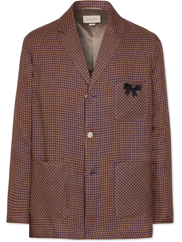 Photo: GUCCI - Embellished Checked Linen Blazer - Brown