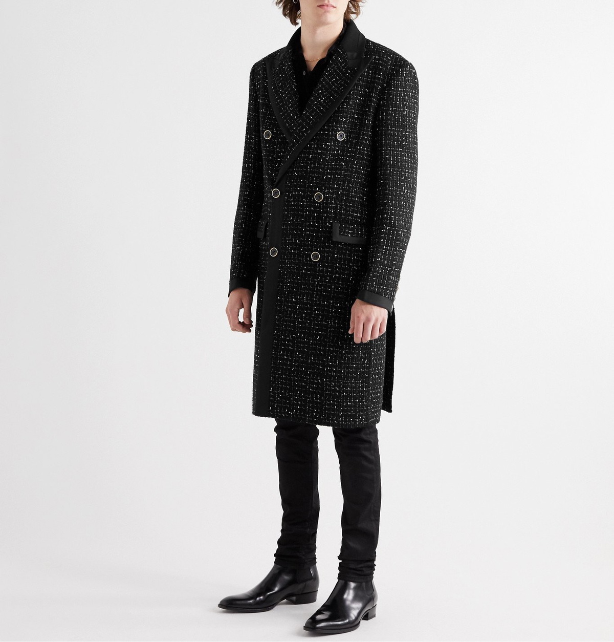 AMIRI - Double-Breasted Silk Twill-Trimmed Bouclé Coat - Black Amiri