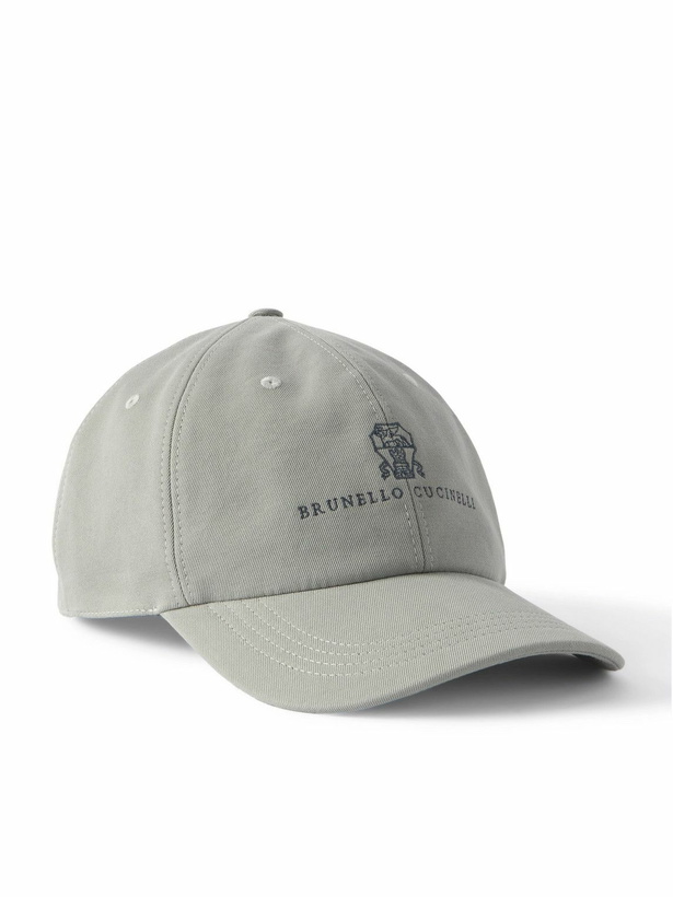 Photo: Brunello Cucinelli - Logo-Embroidered Leather-Trimmed Cotton-Twill Baseball Cap - Gray