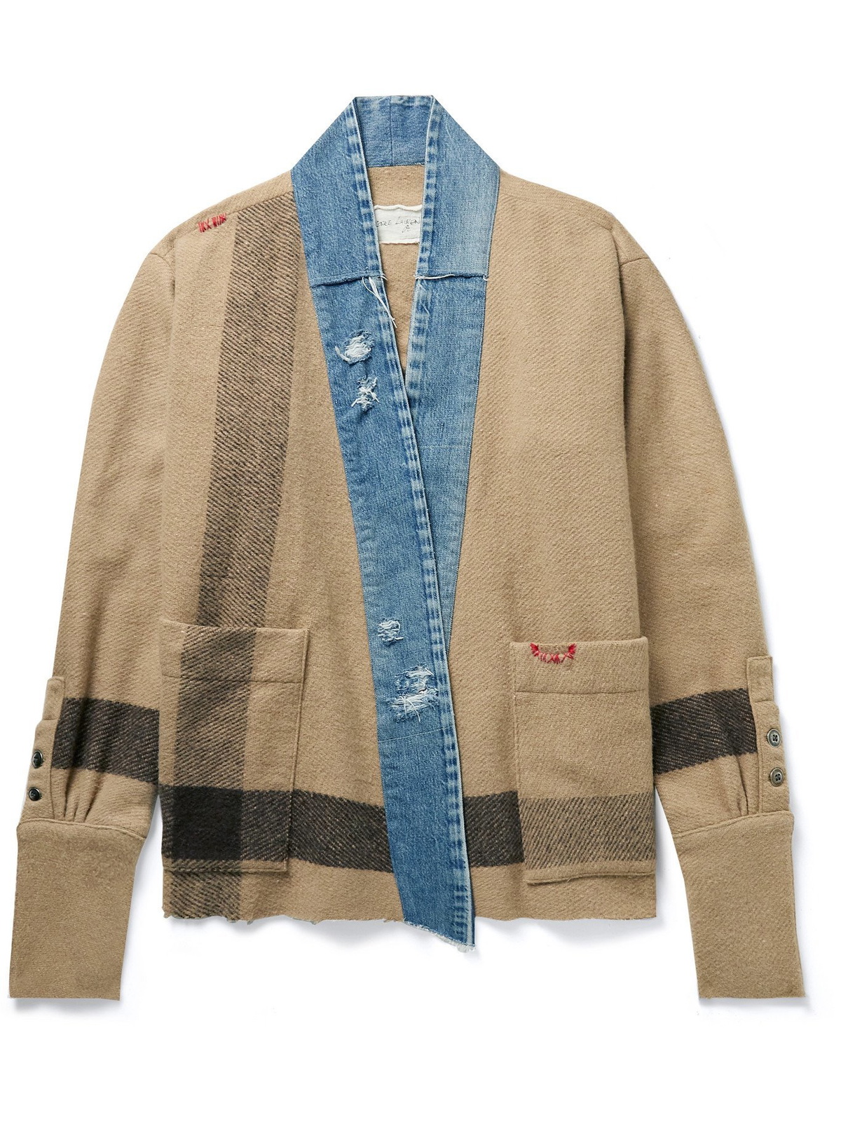GREG LAUREN - Shawl-Collar Distressed Denim-Trimmed Wool-Blend 