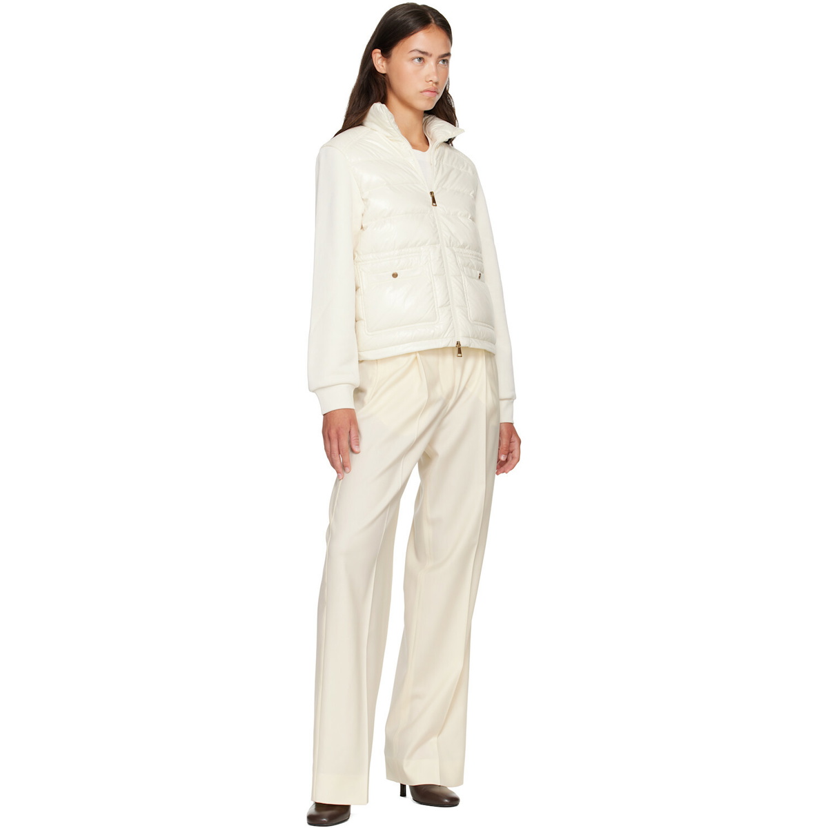 Moncler Off-White Zip Up Cotton Fleece Down Cardigan