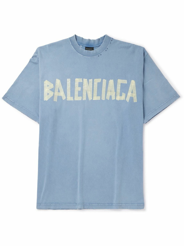 Photo: Balenciaga - Oversized Distressed Logo-Print Cotton-Jersey T-Shirt - Blue
