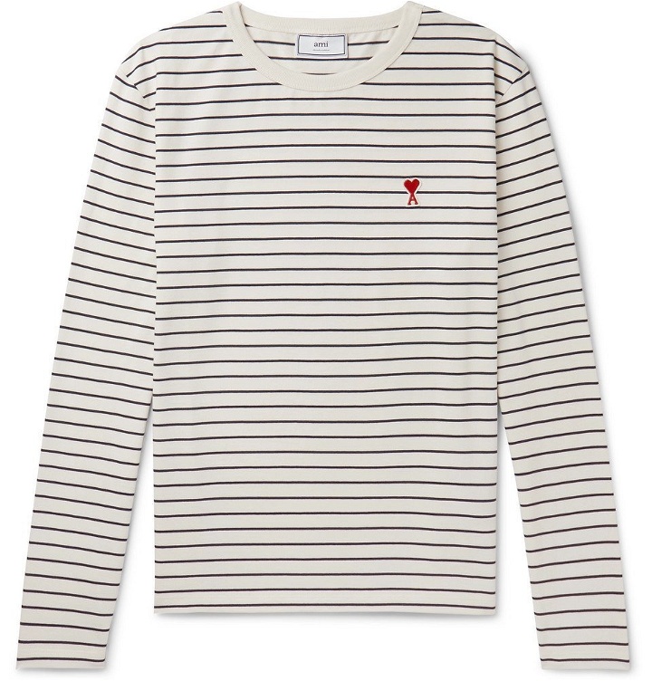 Photo: AMI - Striped Logo-Appliquéd Cotton-Jersey T-Shirt - White