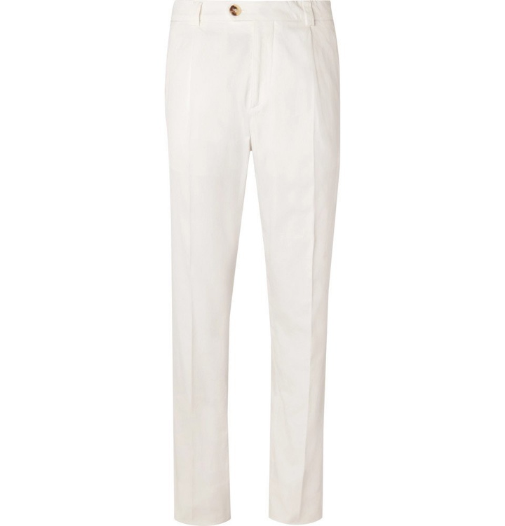 Photo: Brunello Cucinelli - Tapered Cotton-Blend Twill Trousers - White