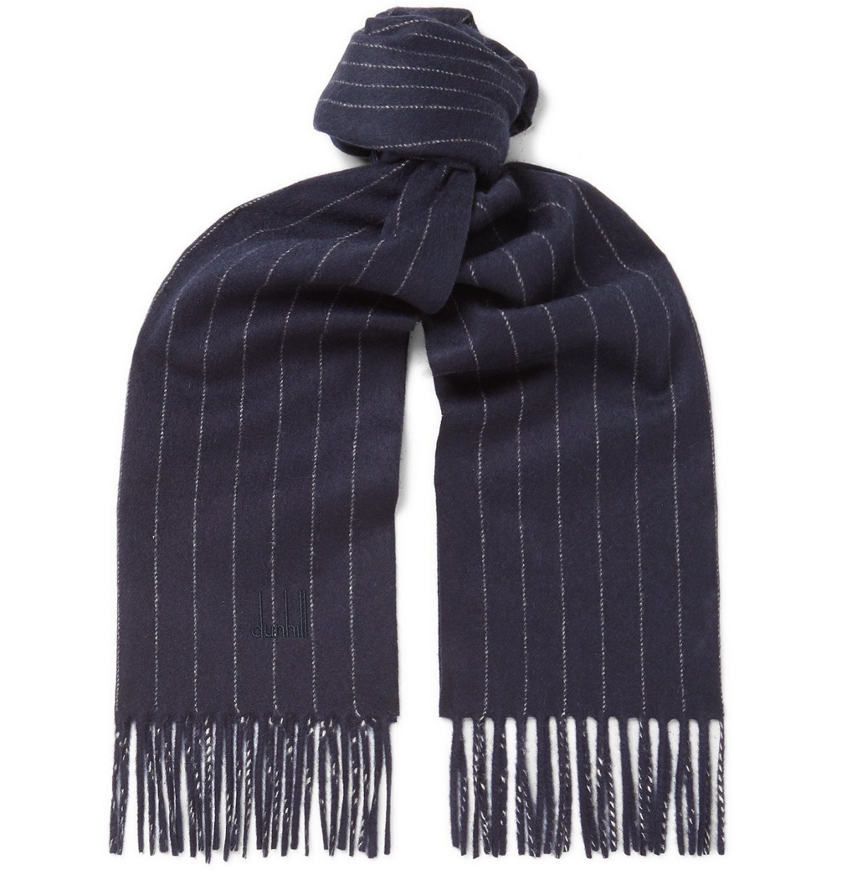 Photo: Dunhill - Fringed Pinstriped Wool and Cashmere-Blend Scarf - Blue