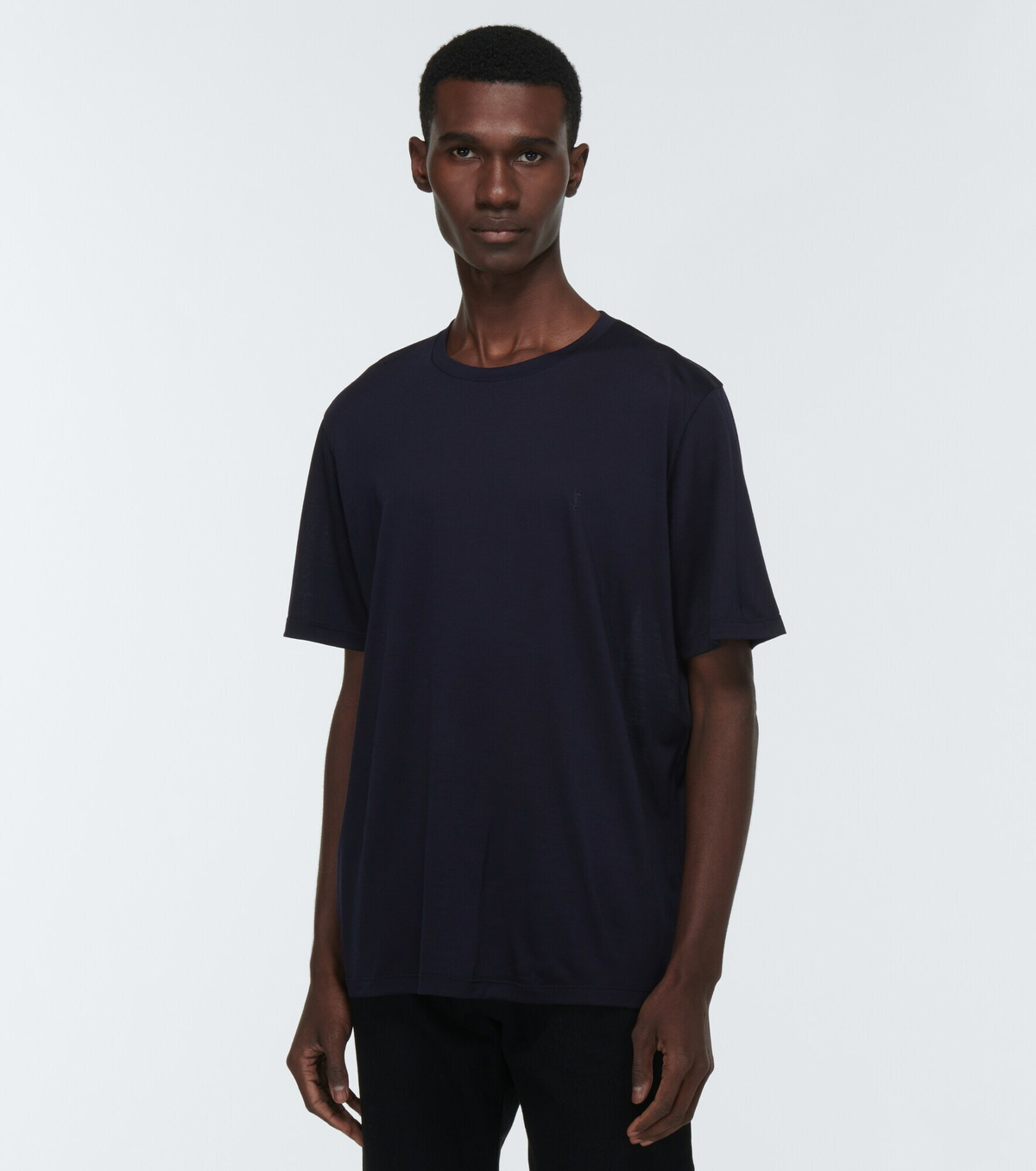 関税込★SAINT LAURENT★WOOL SILK BLEND SHORT SLEEVE T SHIRT Saint Laurent】Wool Silk Blend Short Sleeve T Shirt Indigo