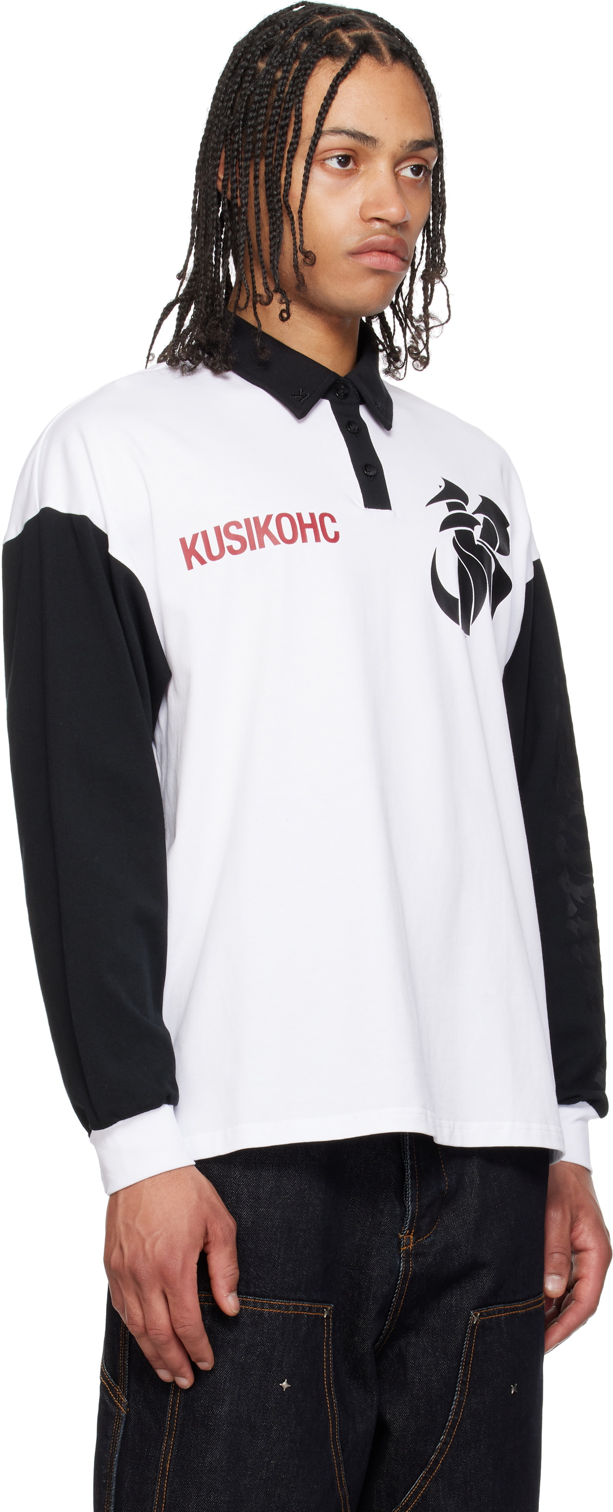 KUSIKOHC White & Black Rugby Long Sleeve Polo