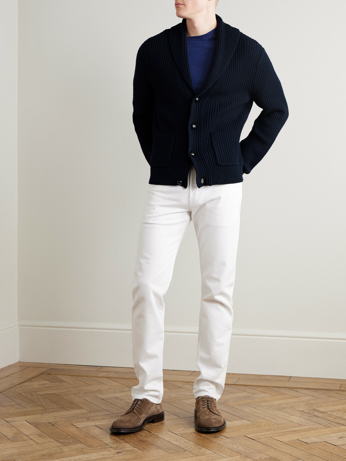 Mr P. - Shawl-Collar Ribbed Cotton and Cashmere-Blend Cardigan - Blue