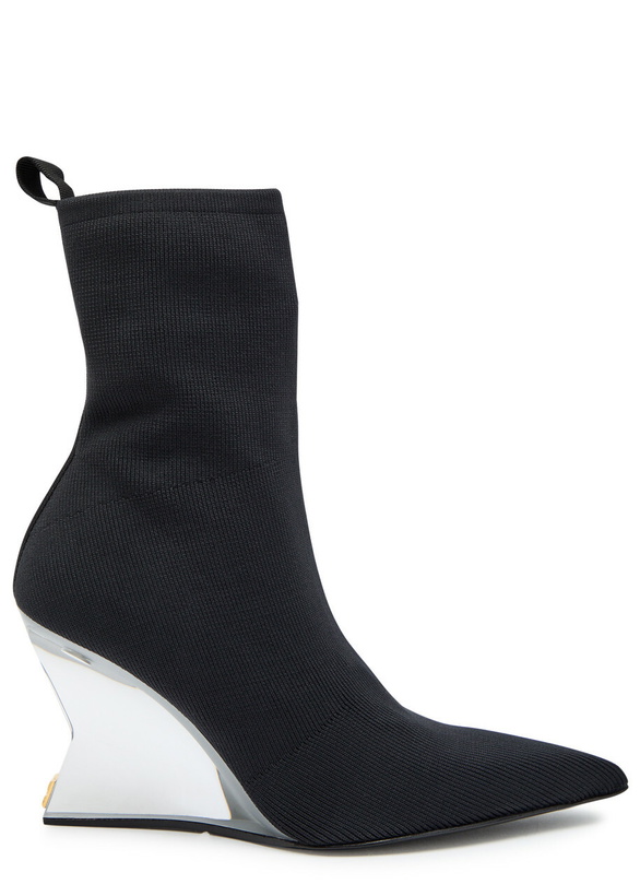 Photo: Balmain 95 Ribbed Stretch-knit Wedge Ankle Boots Black