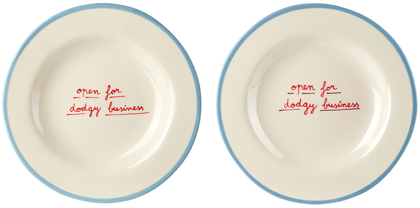 Laetitia Rouget Blue & White 'Open For Dodgy Business' Dessert Plate Set