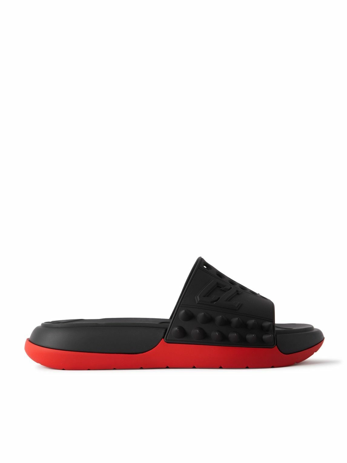 Photo: Christian Louboutin - Take It Easy Logo-Embossed Cutout Spiked Rubber Slides - Black