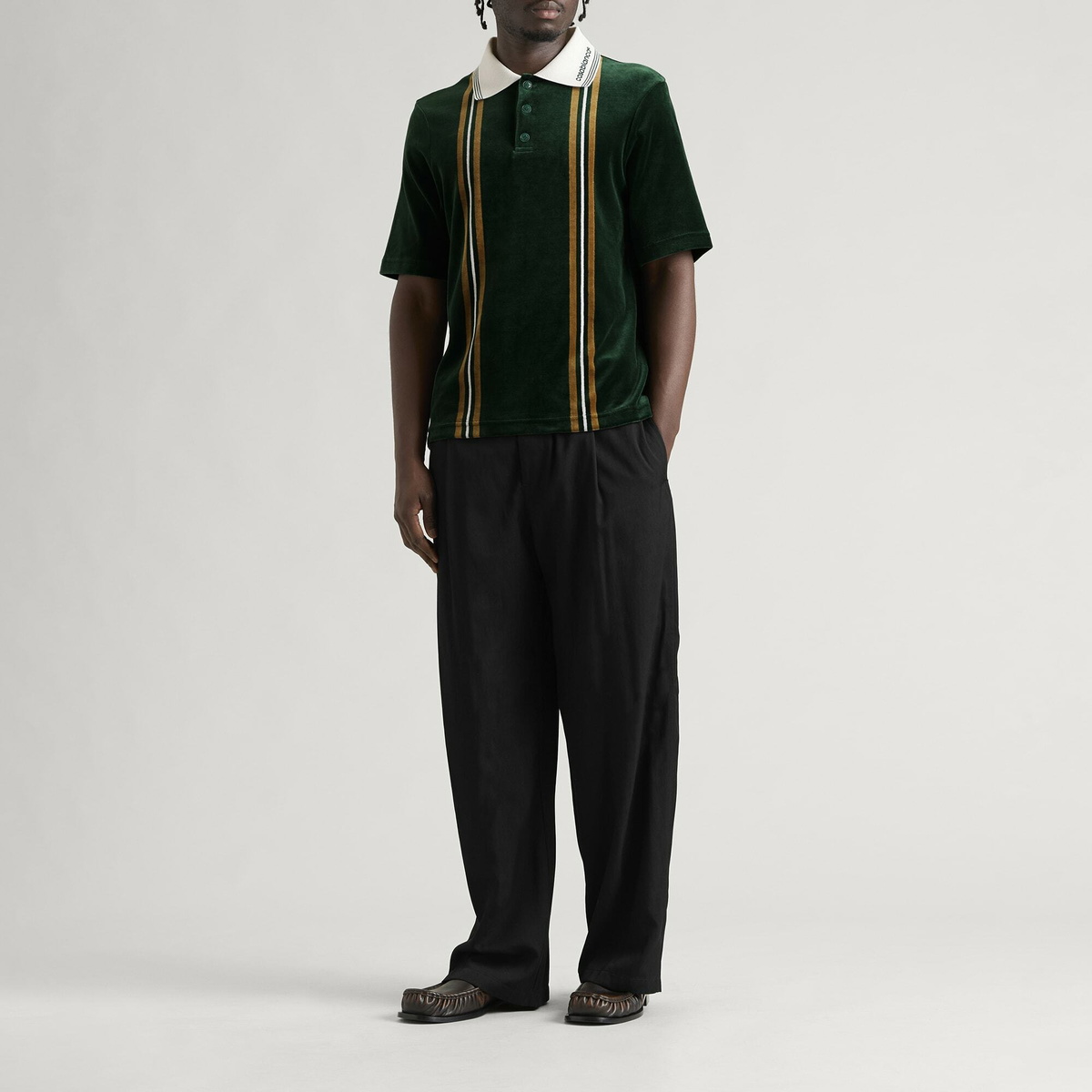 Casablanca Men's Velour Stripe Polo in Velour Green/Brown/Off-White