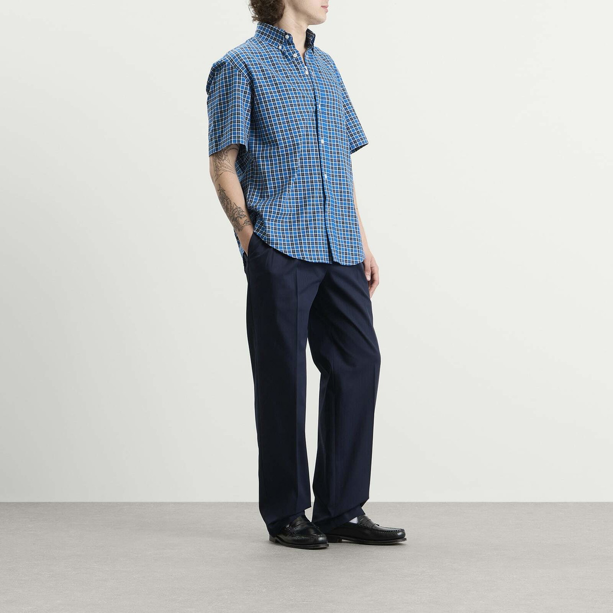 Drôle de Monsieur Men's Short Sleeve Check Shirt in Blue