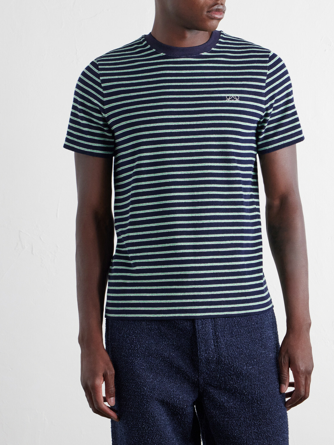 LOEWE - Logo-Embroidered Striped Cotton-Blend Terry T-Shirt - Blue