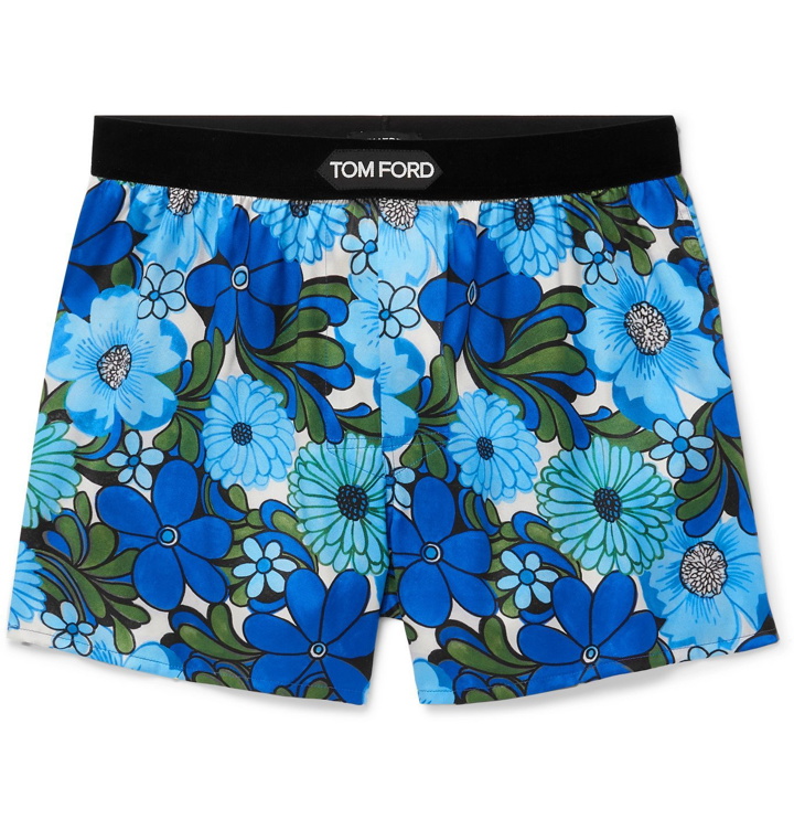 Photo: TOM FORD - Velvet-Trimmed Floral-Print Stretch-Silk Satin Boxer Shorts - Blue