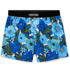 TOM FORD - Velvet-Trimmed Floral-Print Stretch-Silk Satin Boxer Shorts - Blue