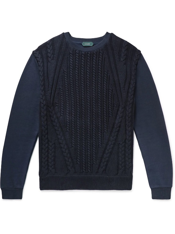 Photo: Incotex - Zanone Panelled Cable-Knit and Cotton-Jersey Sweater - Blue